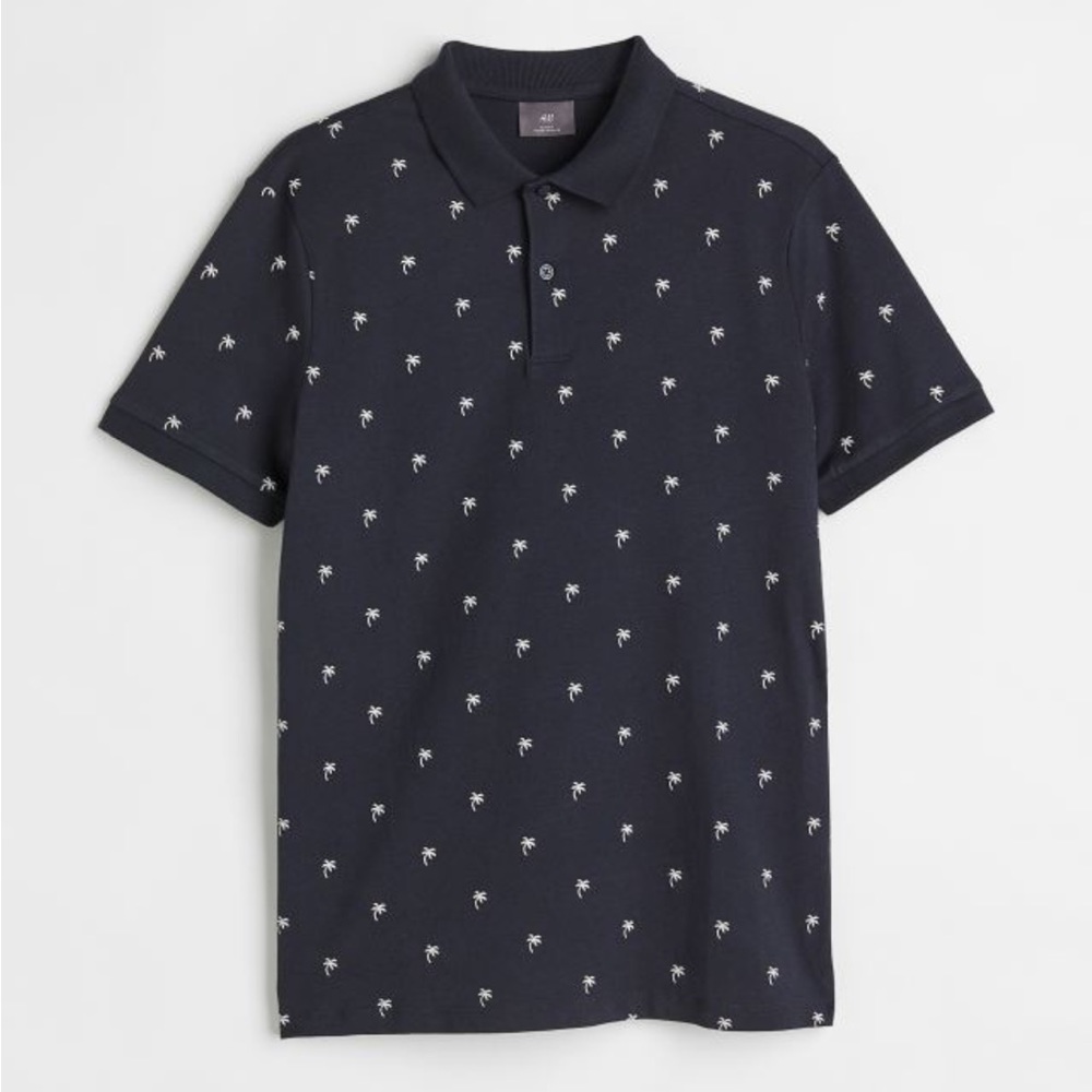 H & M Mens slim fit polo size XS palm tree pattern navy blue